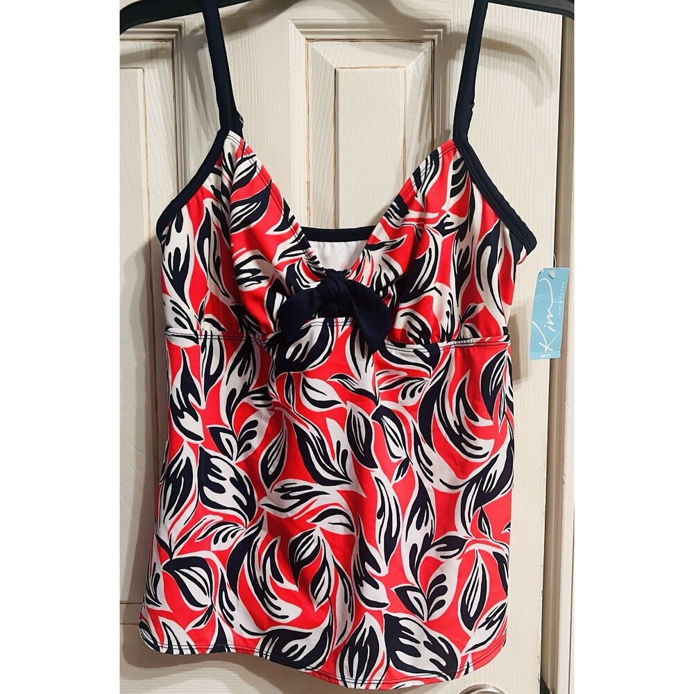 Kim Rogers XL Tankini Top Coral Navy Tropical Blouson Swim NWT adjustable straps